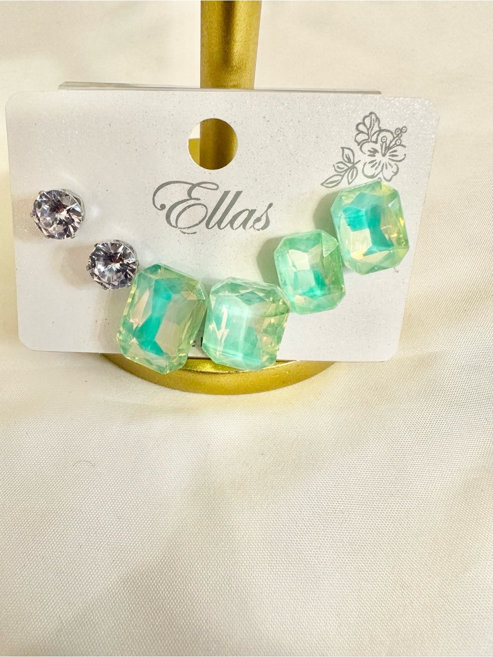 Ellas Seafoam Green & Clear Crystal Multi-Sized Trio Stud Earrings Set